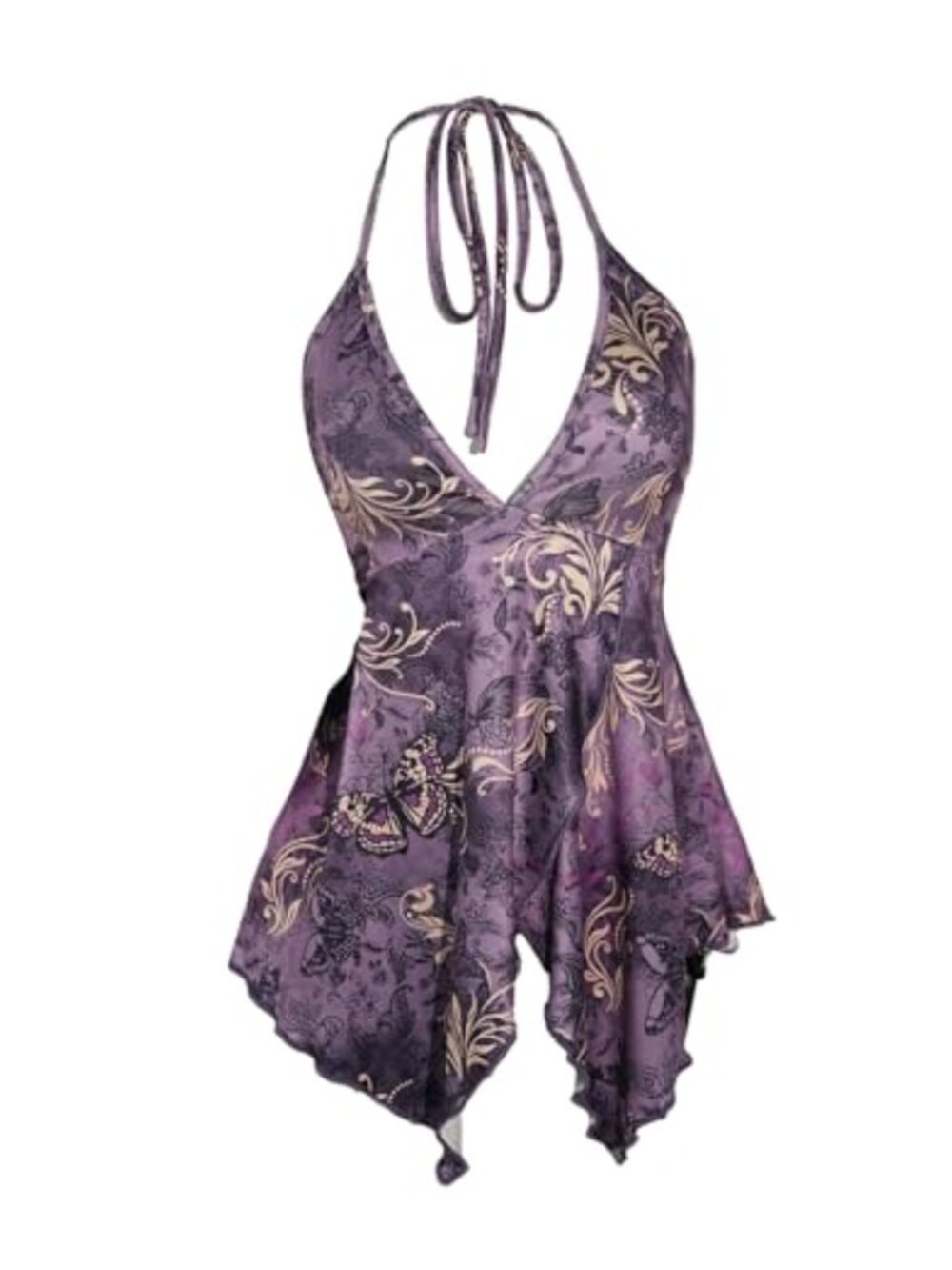 Boho Paisley Backless Halter Top V Neck Asymmetrical Flowy Summer Cami